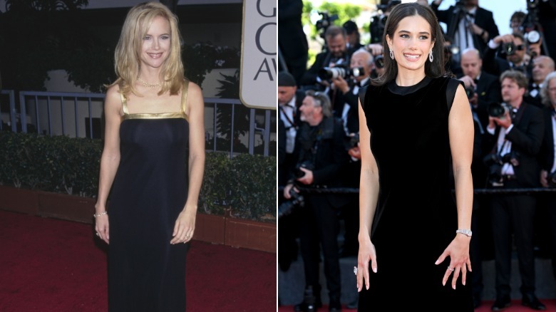 Kelly Preston in a gold and black dress next to Ella bleu in a black dress