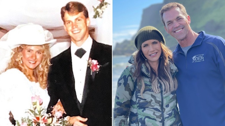 split screen of Kristi and Bryon Noem in 1992 and present day smiling together