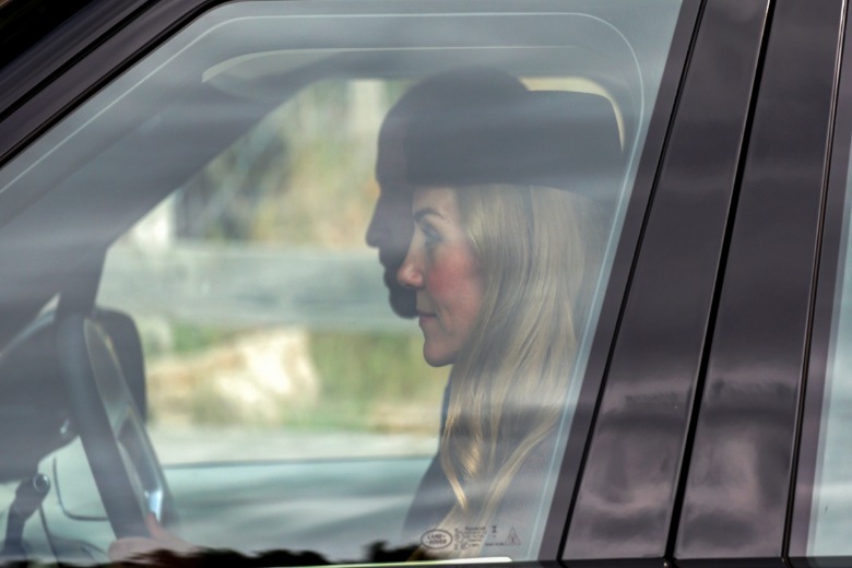 Kate Middleton with blond hair in August 2025 sitting in passenger seat of car driven by Prince William