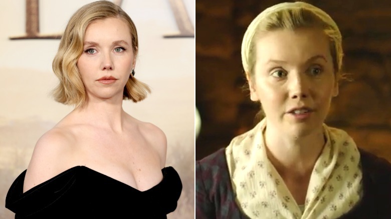split screen of Lauren Lyle on red carpet and Lauren Lyle as Marsali on