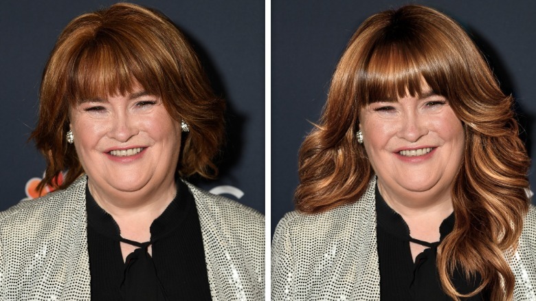 split screen of Susan Boyle smiling with copper hair and photoshopped with longer hair