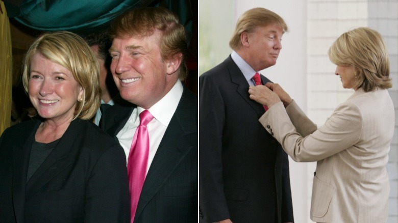 split screen of Marth Stewart and Donald Trump smiling together and Martha Stewart adjusting Donald Trump's tie for him
