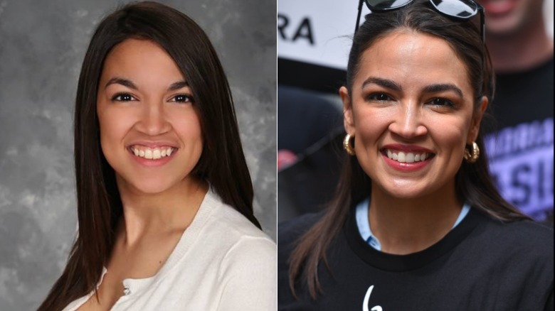 (Left) Alexandria Ocasio-Cortez's graduation photo from Boston University in 2011; (Right) Alexandria Cortez smiling at a rally in 2023